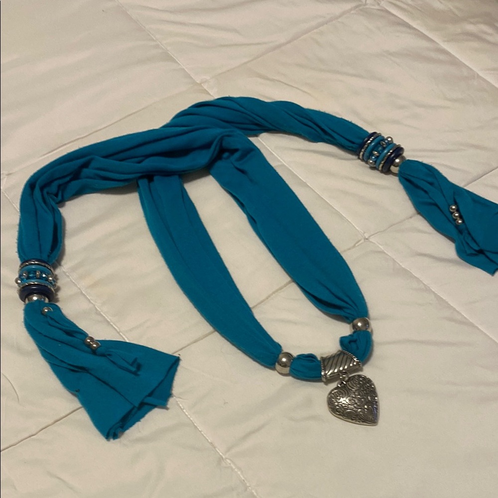 Blue Scarf Necklace with Heart Pendant